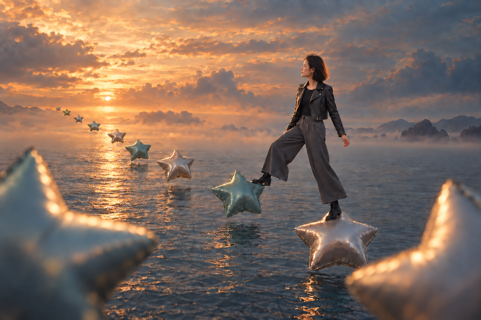 Alwen looking toward the sunset, stepping across floating star balloons above the sea